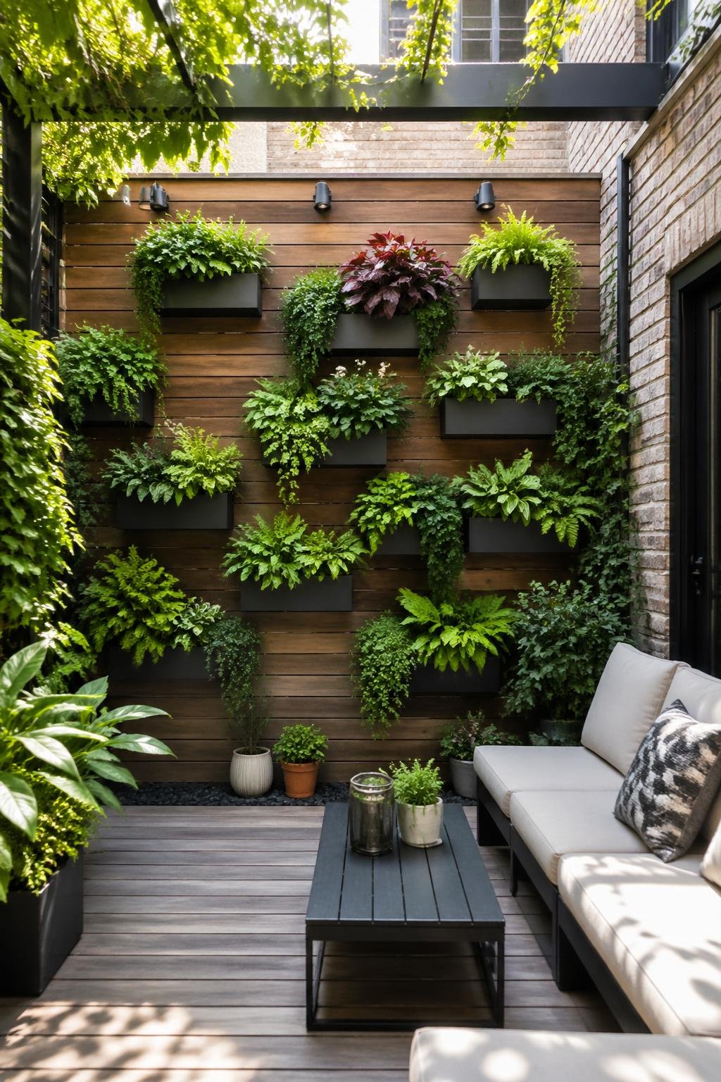 A townhouse backyard with a vertical garden wall featuring multiple wall-mounted planters filled with green plants, along with outdoor seating and a clean patio area.