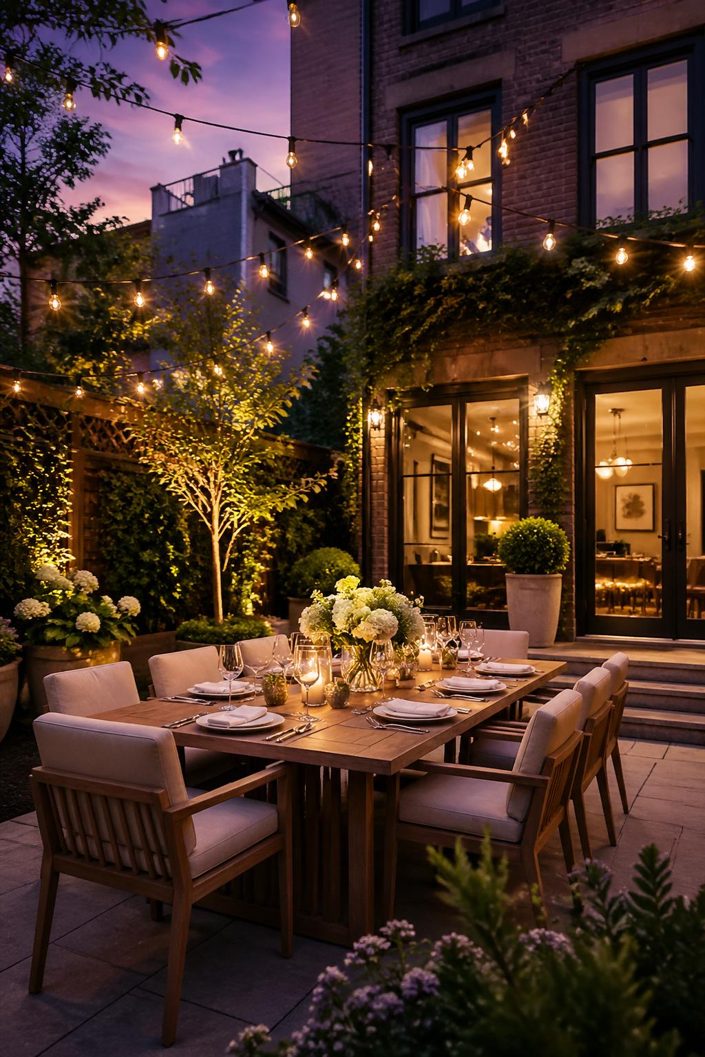 Outdoor dining area in a townhouse backyard with a wooden table, chairs, string lights, and surrounding plants during early evening.