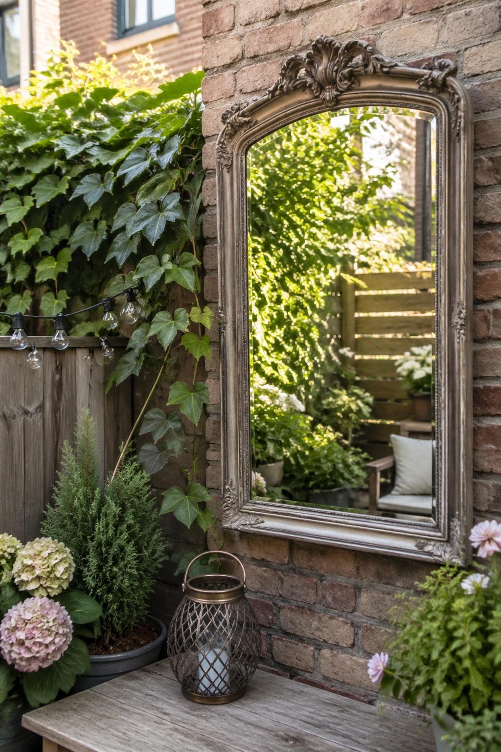 Decorative outdoor mirror mounted on a brick or wooden fence wall in a townhouse backyard surrounded by plants and garden decor.