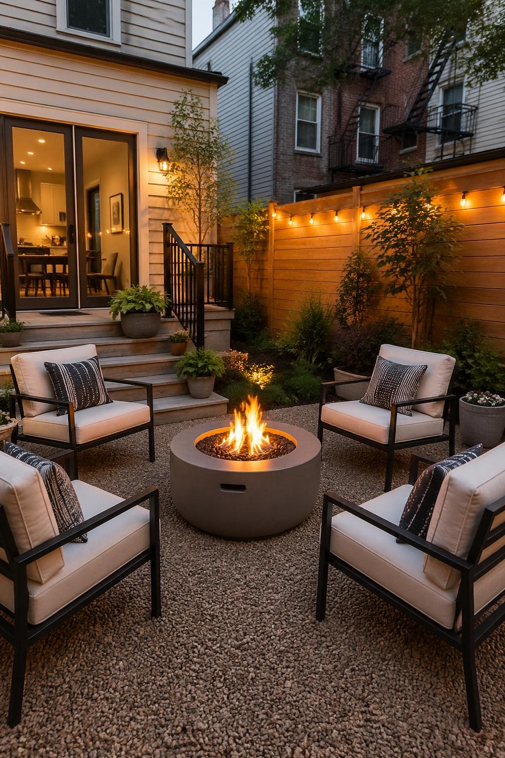 A townhouse backyard with a portable fire pit on a gravel base surrounded by outdoor chairs and plants.