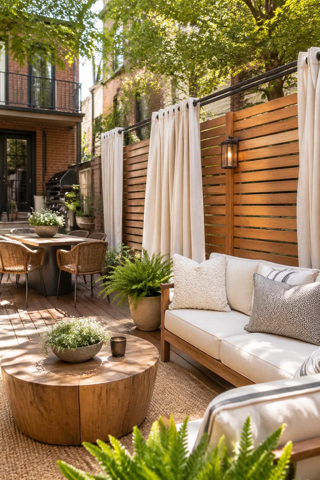 A townhouse backyard with a privacy screen made of slatted wood panels and outdoor curtains, surrounded by plants and outdoor seating.