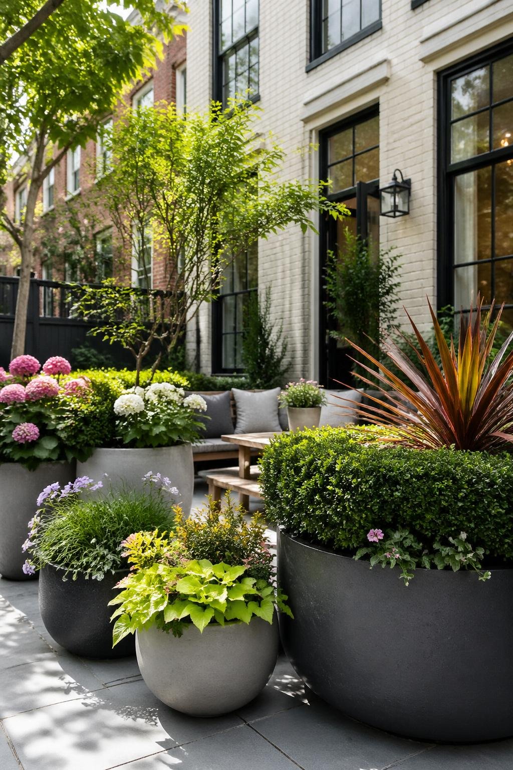 A townhouse backyard with large planters filled with green plants and flowers arranged on a paved patio near the house.
