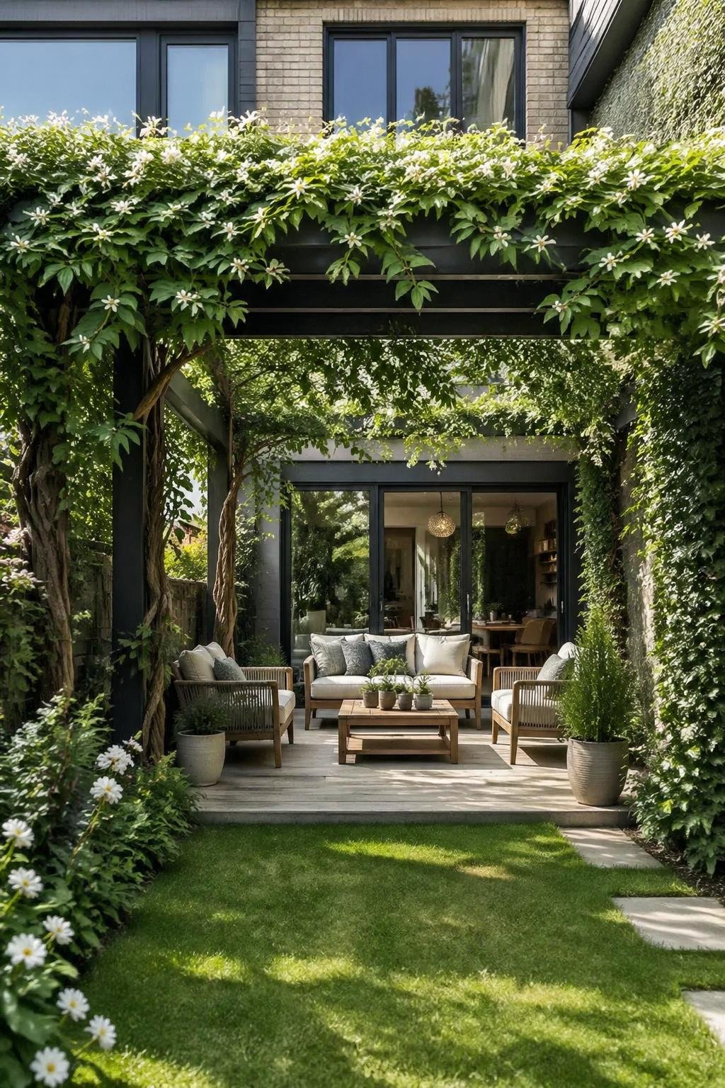 Townhouse backyard with a pergola covered in climbing jasmine or ivy, featuring outdoor seating and lush greenery.