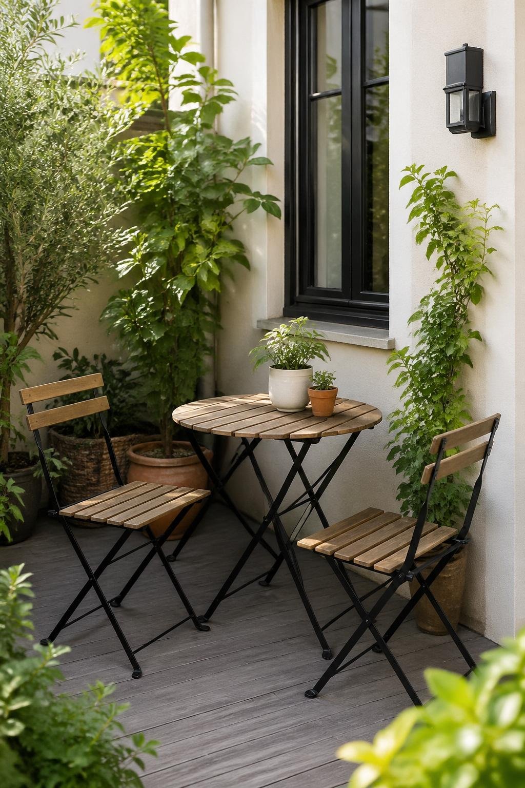 A small patio corner with a foldable bistro table and two chairs surrounded by green plants next to a townhouse wall.