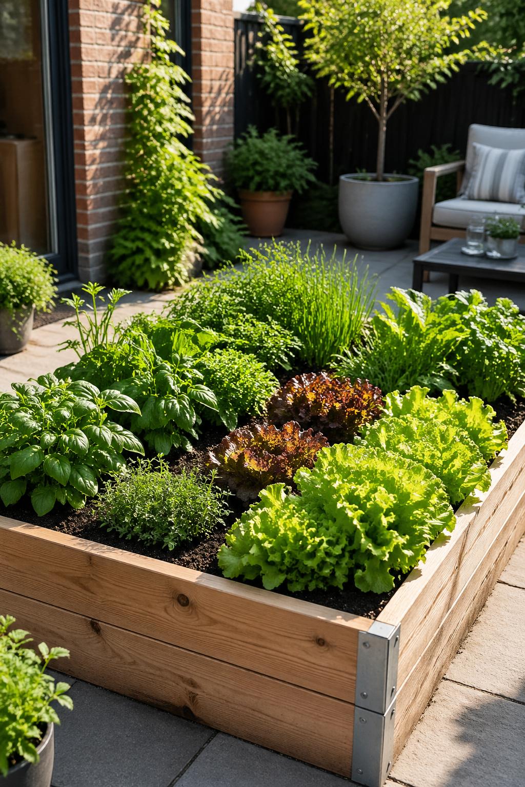 Raised wooden garden bed filled with fresh herbs and salad greens in a townhouse backyard.
