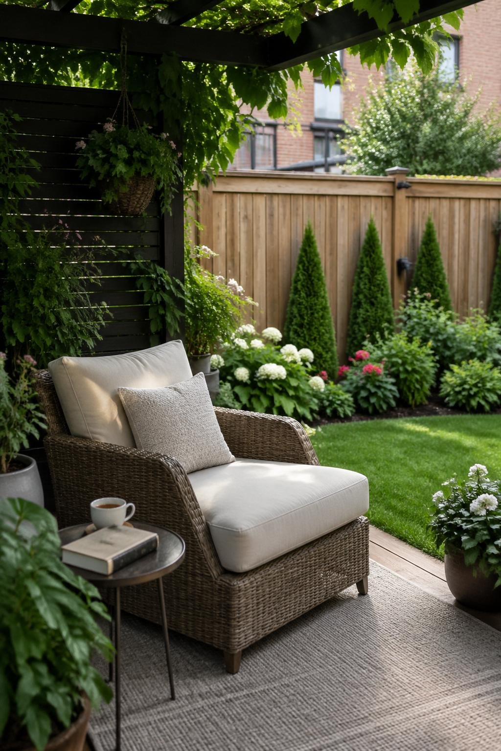 A weatherproof lounge chair with cushions in a townhouse backyard reading nook surrounded by plants and a small side table with a book and cup.
