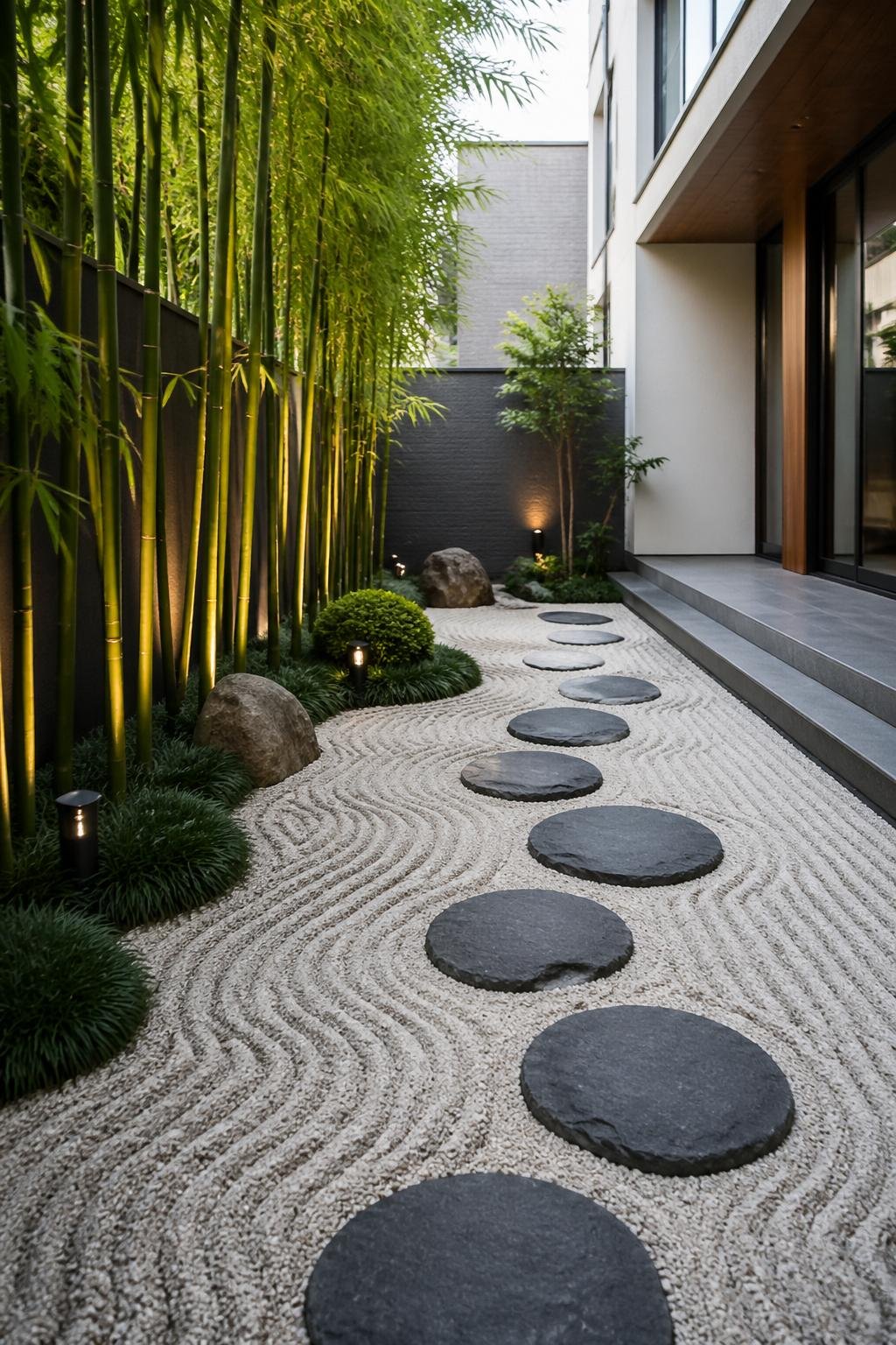 A townhouse backyard with a zen gravel garden, dark stepping stones, and tall green bamboo plants.