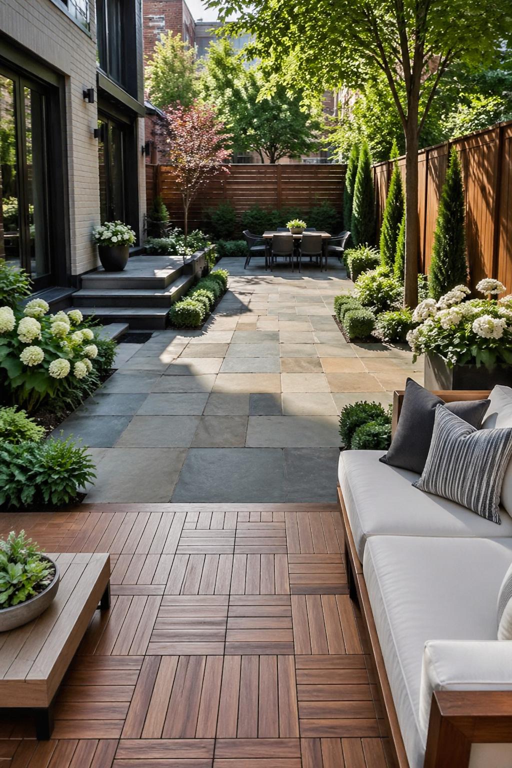 Townhouse backyard with a wooden deck and bluestone paved patio surrounded by plants and outdoor furniture.