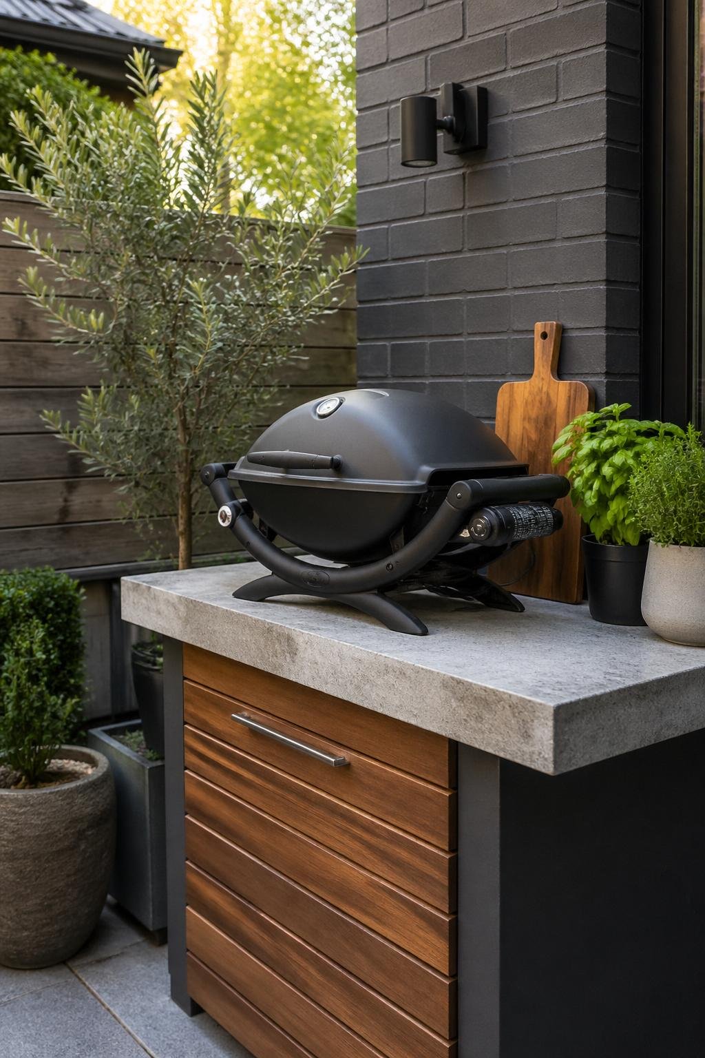 A compact BBQ corner in a townhouse backyard with a Weber Q grill on a stone countertop, surrounded by potted plants and a storage cabinet.