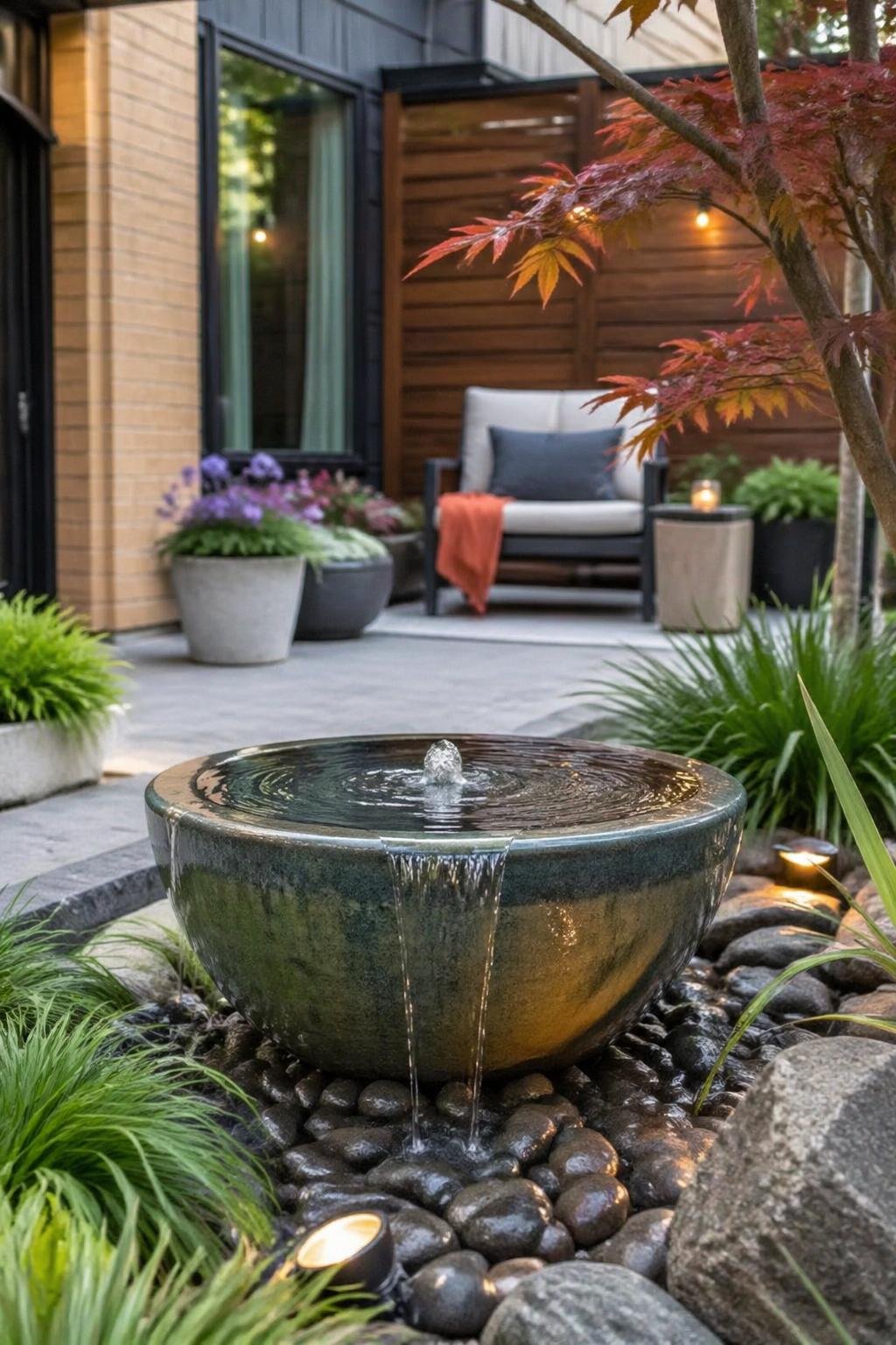 A small ceramic bowl water fountain in a townhouse backyard surrounded by plants and stones.