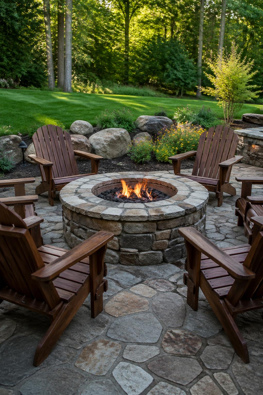 A backyard with a stone fire pit surrounded by a circle of wooden Adirondack chairs on a stone patio, with green plants and lawn in the background.