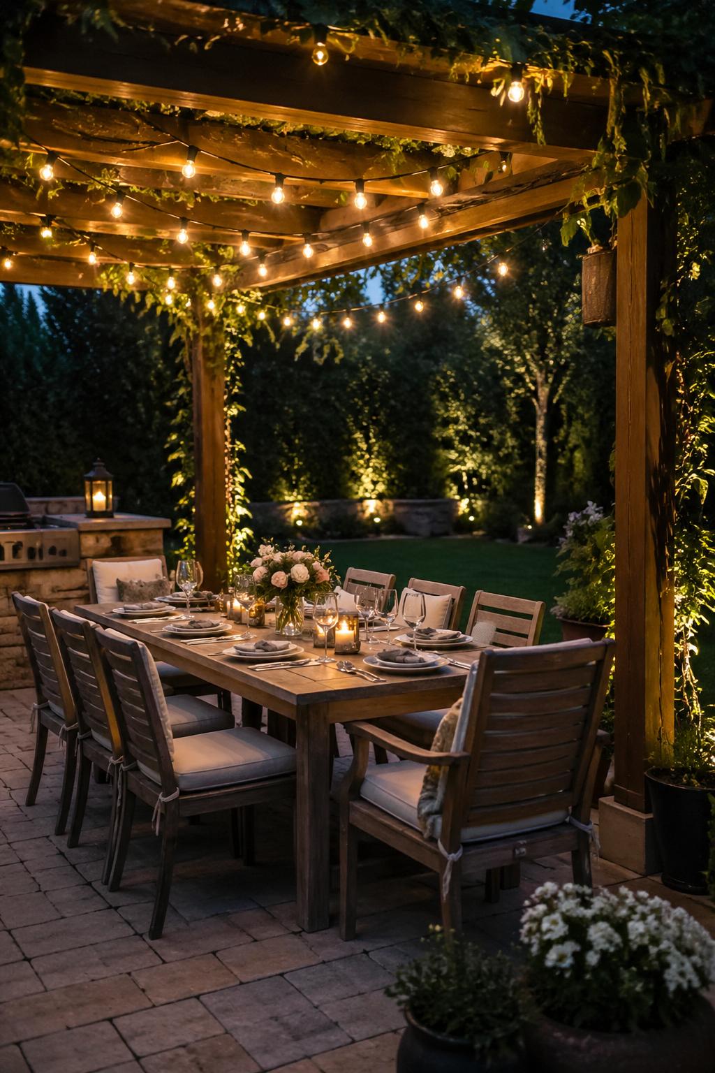 Outdoor dining area under a wooden pergola with string lights and a set dining table in a backyard garden.