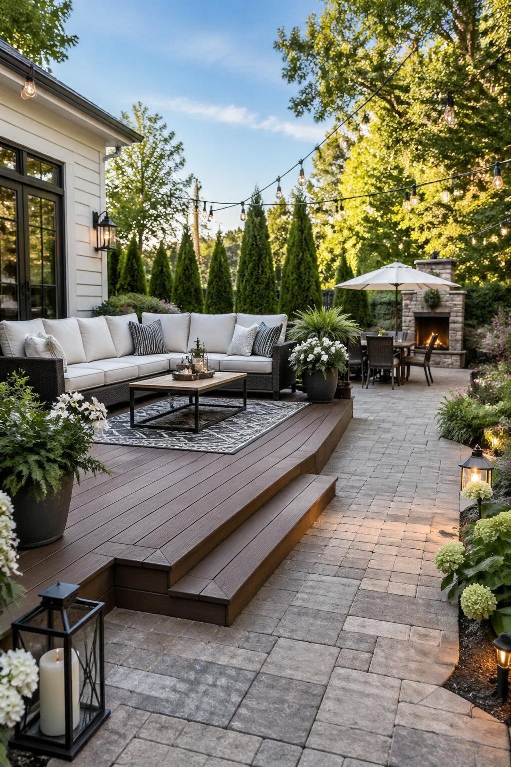 Backyard lounge area with composite deck and paver patio, furnished with outdoor seating and surrounded by plants.