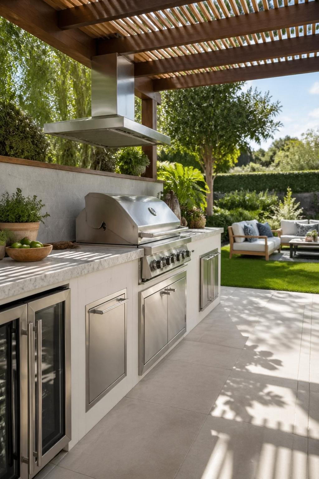 Outdoor kitchen with grill, stone prep counter, and storage cabinets in a backyard surrounded by greenery and outdoor furniture.