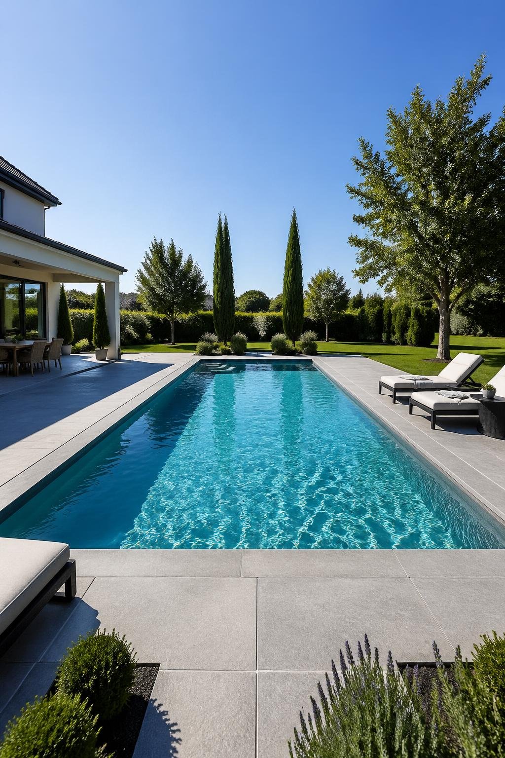 Rectangular swimming pool with clear water and a modern pool deck surrounded by outdoor furniture and greenery.