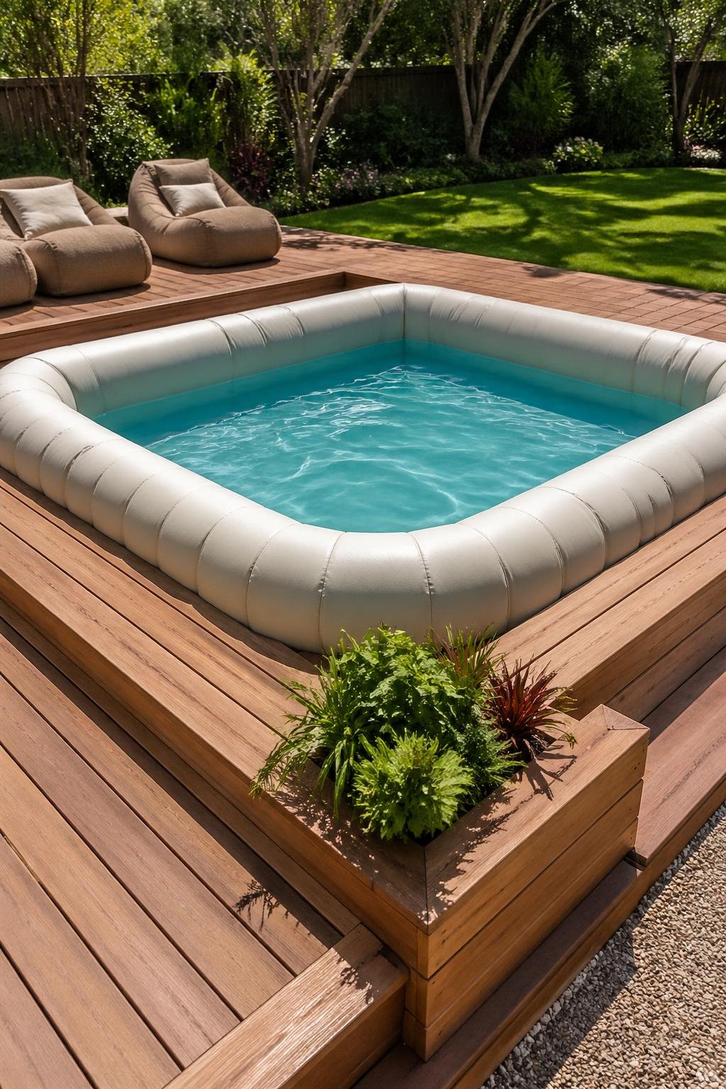 Inflatable pool lounge with deck frame set up in a backyard surrounded by grass and plants.