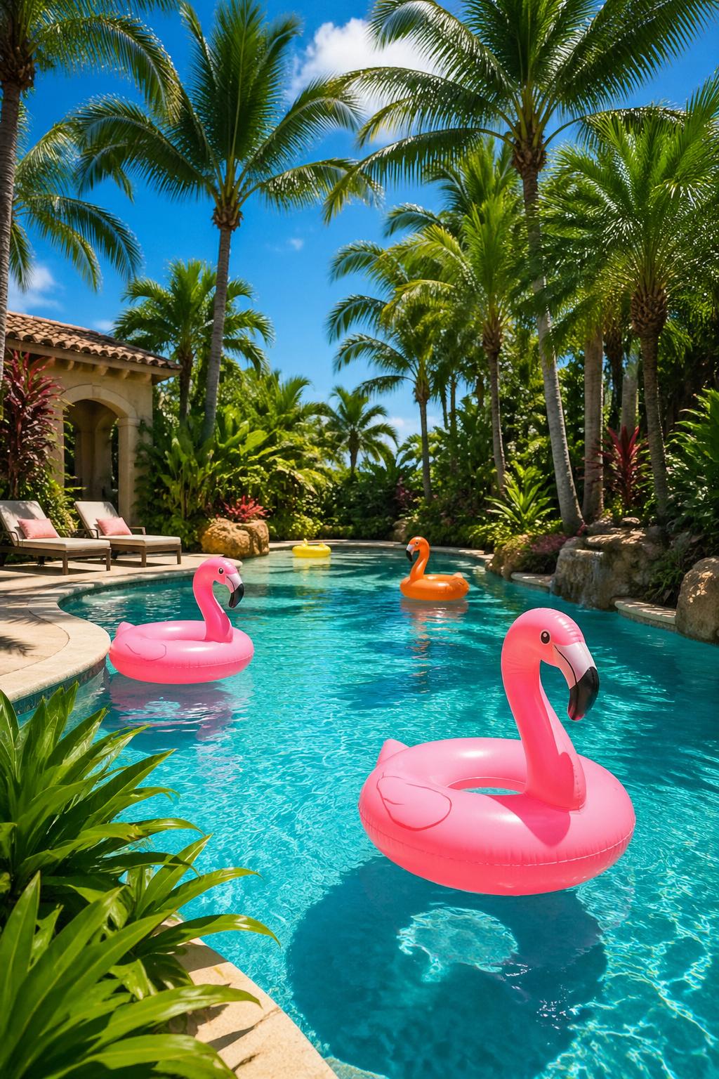 A backyard swimming pool surrounded by palm trees with flamingo-shaped inflatable floats on the water.