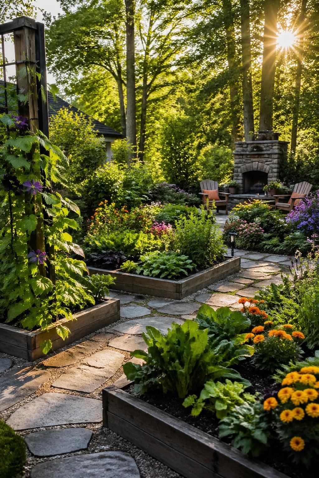 A backyard garden with raised beds full of plants and flowers, stone paths winding through the greenery, and trees in the background.