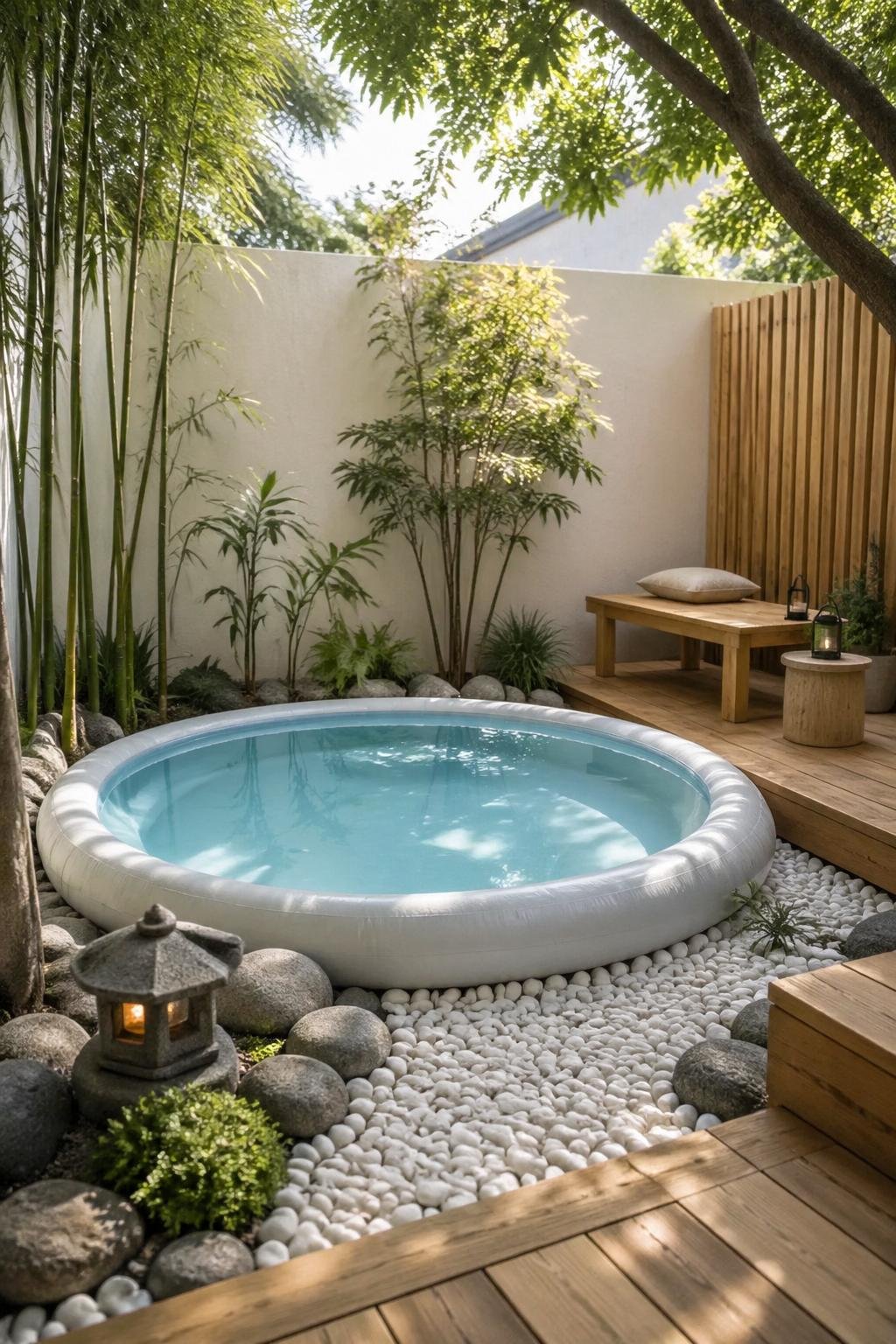 A small inflatable pool in a backyard surrounded by stones, bamboo plants, and a wooden deck with seating.