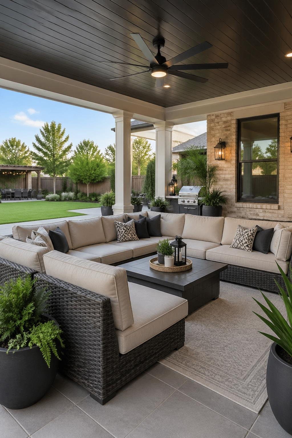 A covered patio with a large weatherproof sectional sofa, surrounded by plants and overlooking a backyard.