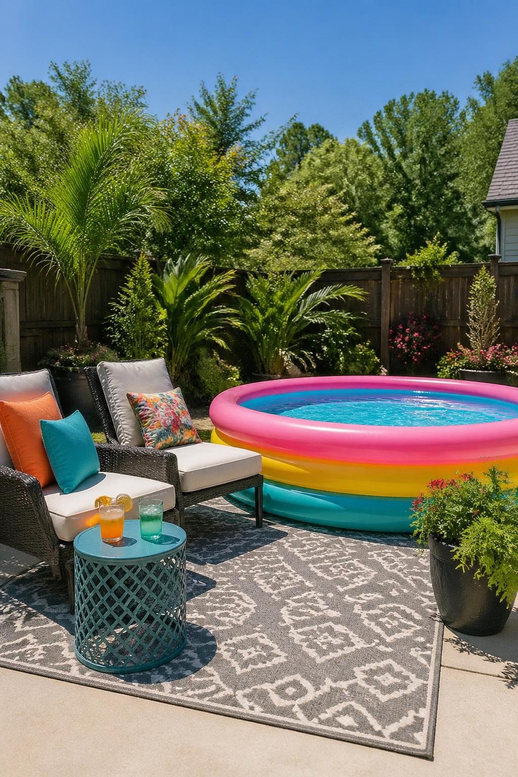 Backyard patio with an inflatable pool, outdoor rug, lounge chairs, and green plants under a clear sky.