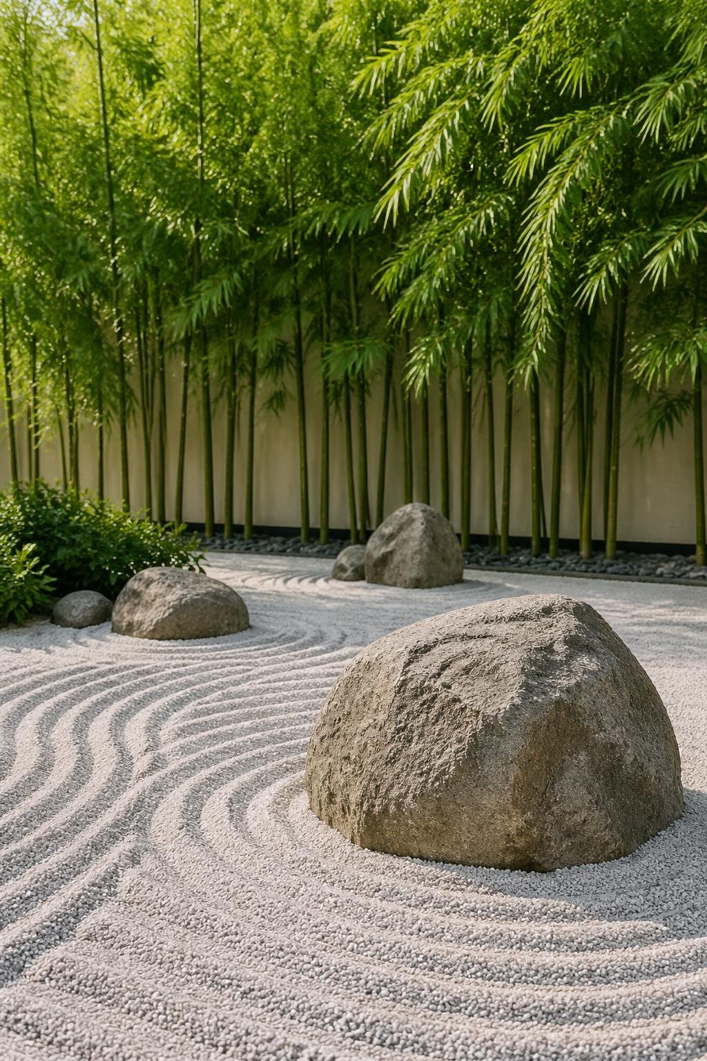 A peaceful backyard zen garden with white gravel, large boulders, and tall bamboo plants.