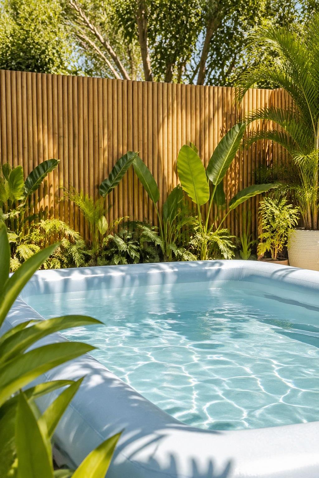 Backyard pool corner with an inflatable pool and a bamboo privacy screen surrounded by green plants.