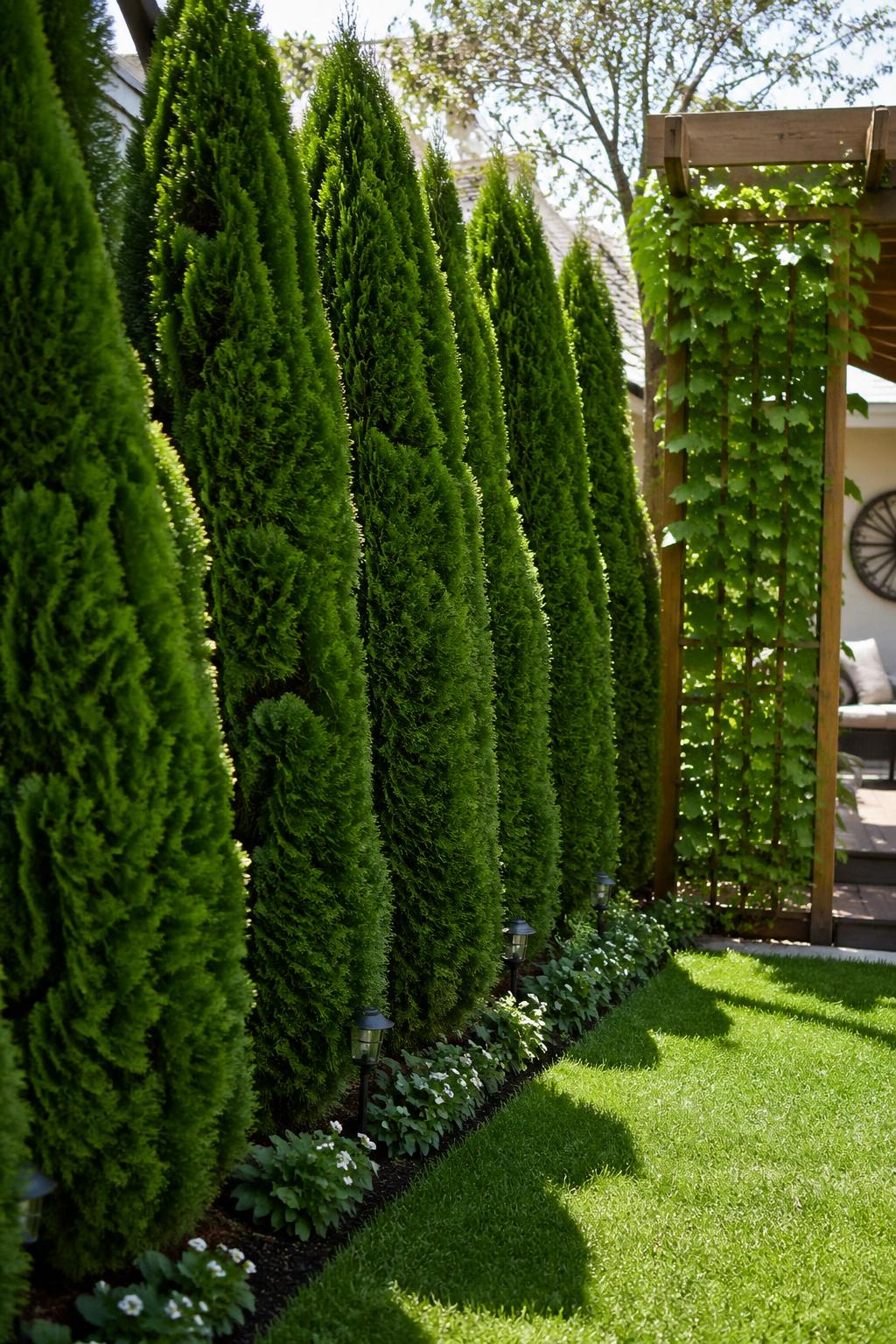Backyard with tall arborvitae privacy screen and climbing vines on a wooden trellis next to a green lawn.