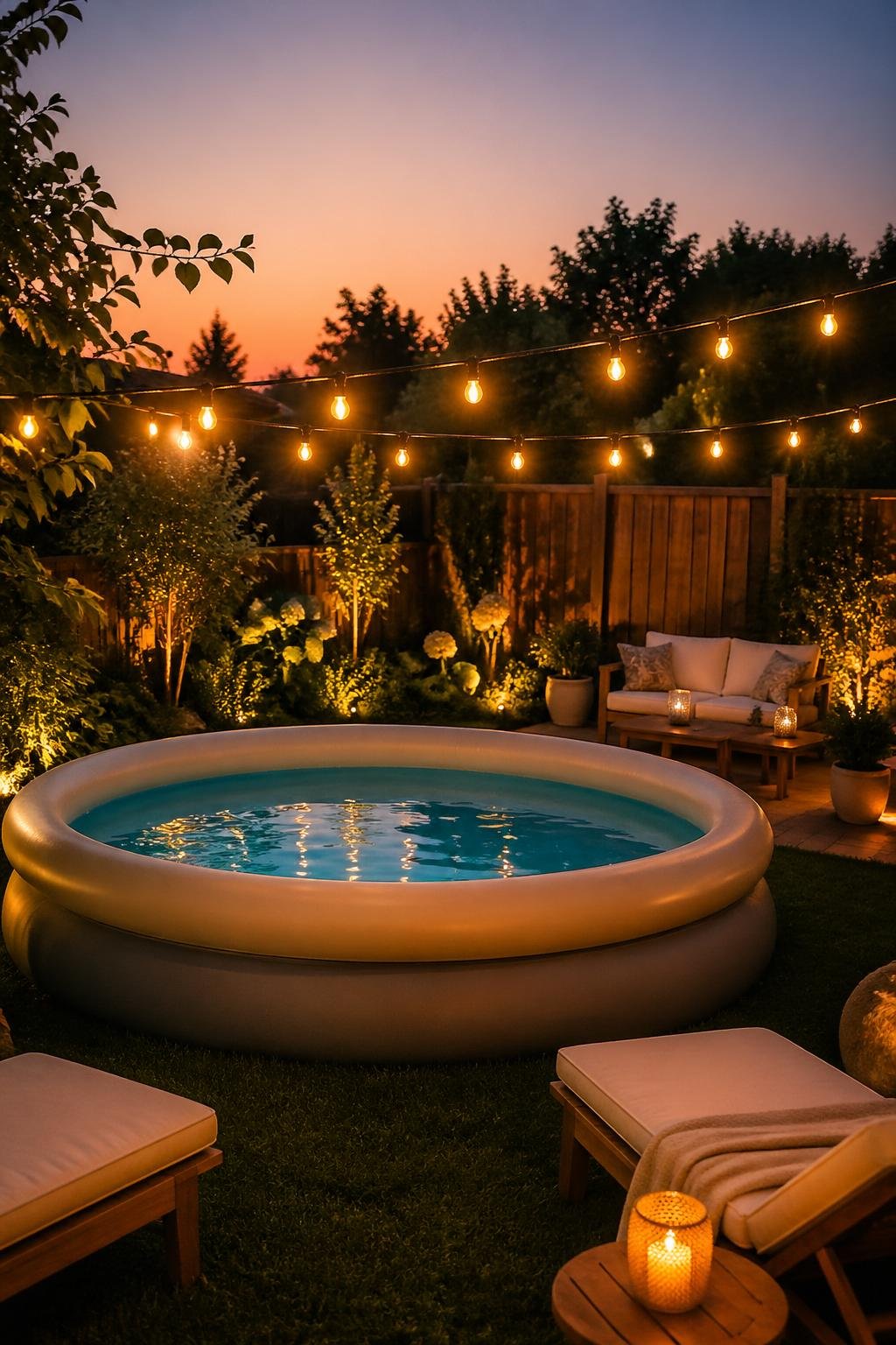 Backyard inflatable pool at dusk with warm string lights hanging above and outdoor furniture around.