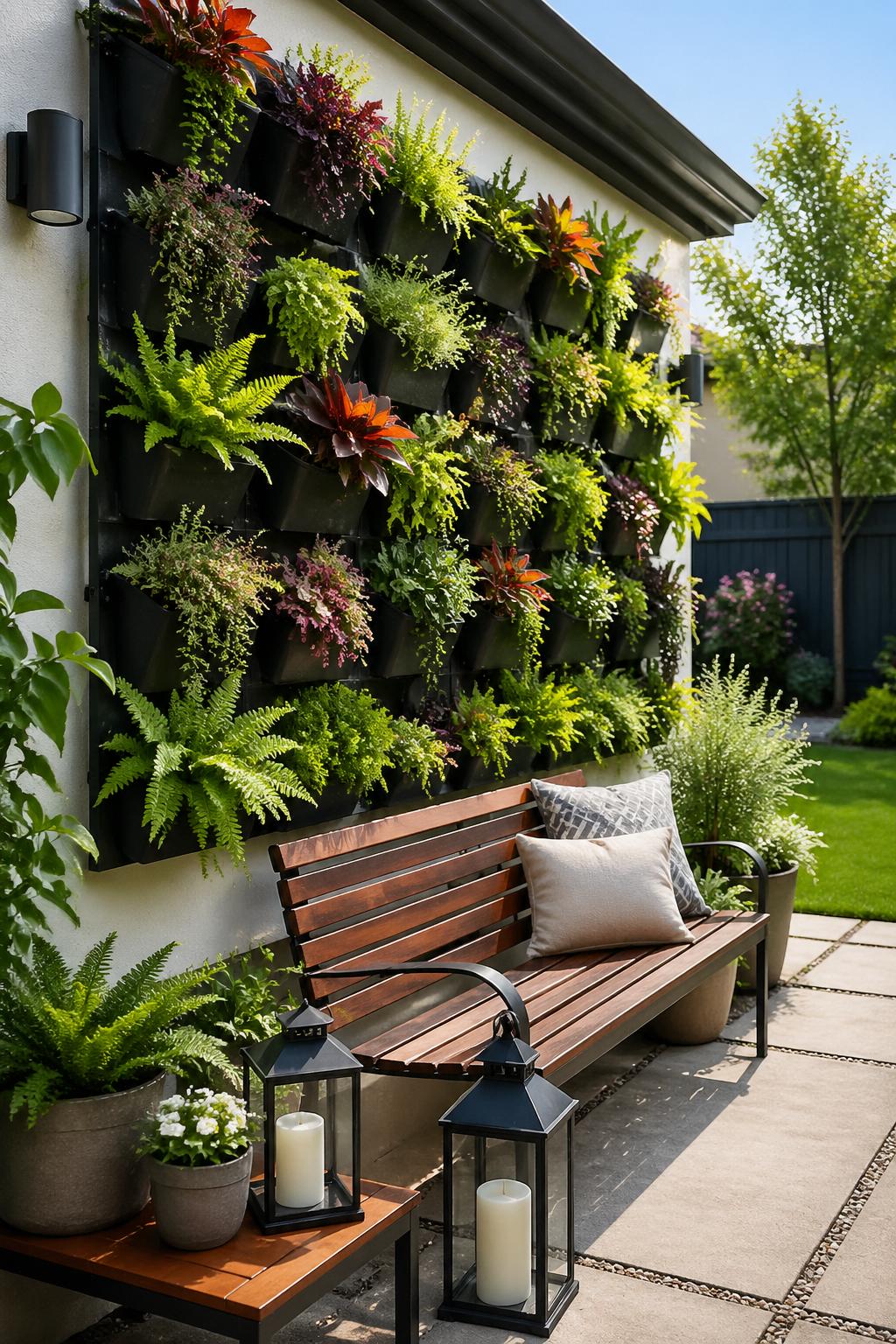 Backyard with a living wall covered in vertical planters filled with green plants and flowers, surrounded by outdoor furniture and garden elements.