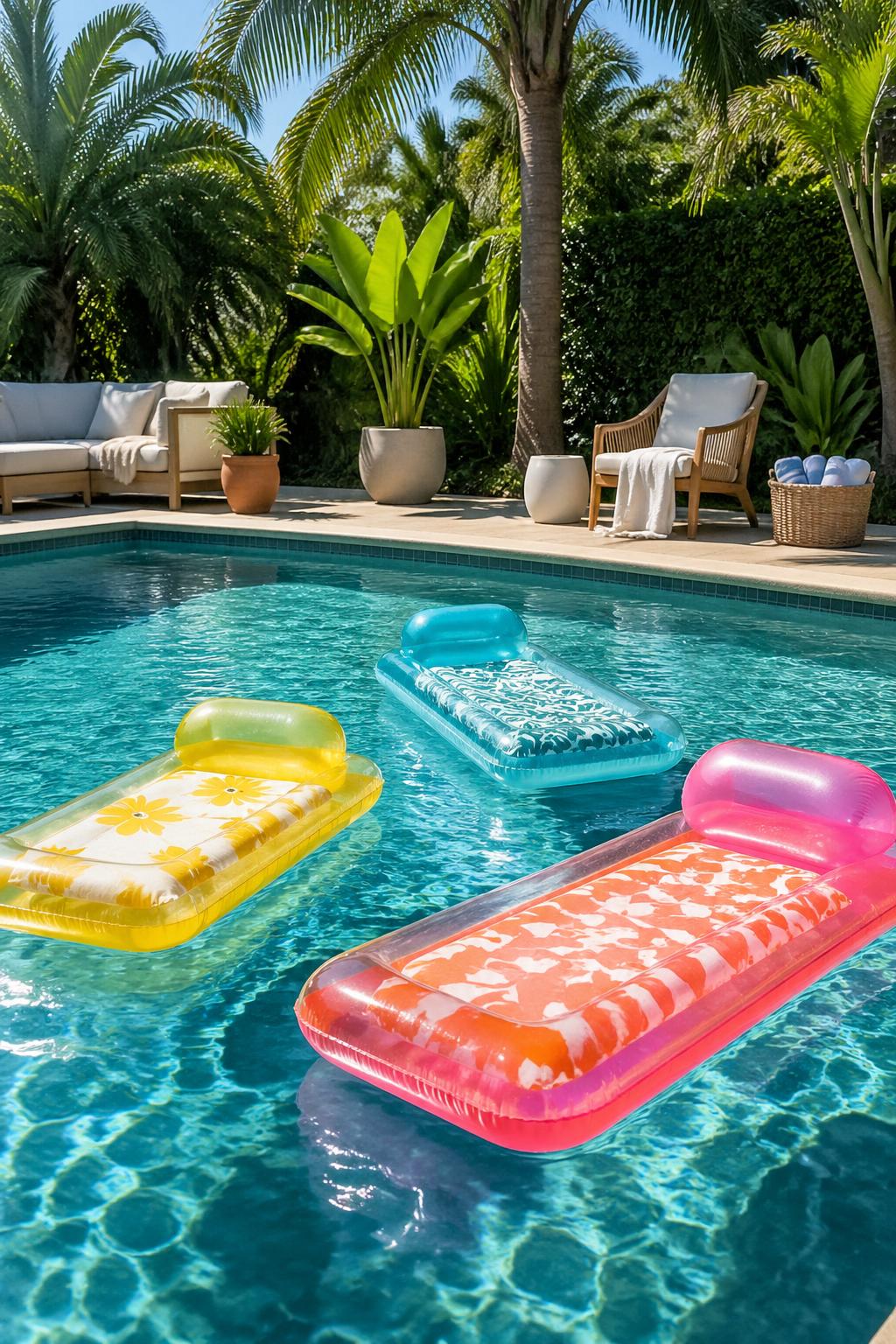 A backyard pool with colorful inflatable loungers floating on clear water surrounded by green plants and palm trees.