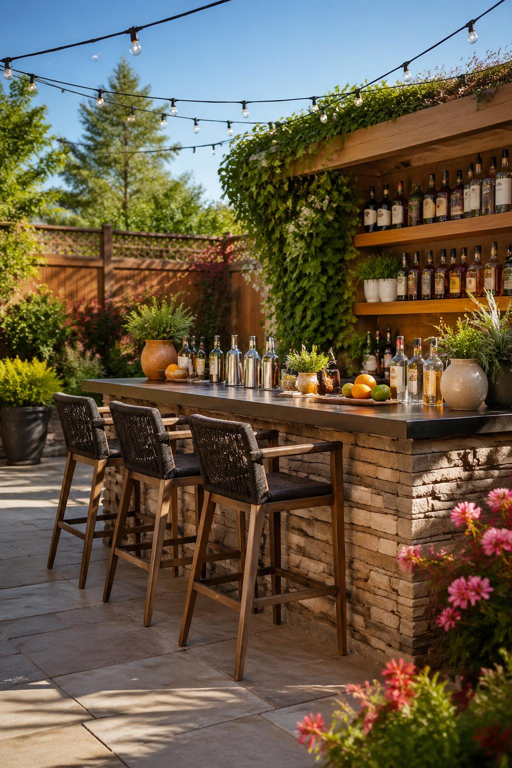 An outdoor backyard bar with a wooden bar cart, bottles, glasses, and seating surrounded by plants and string lights.