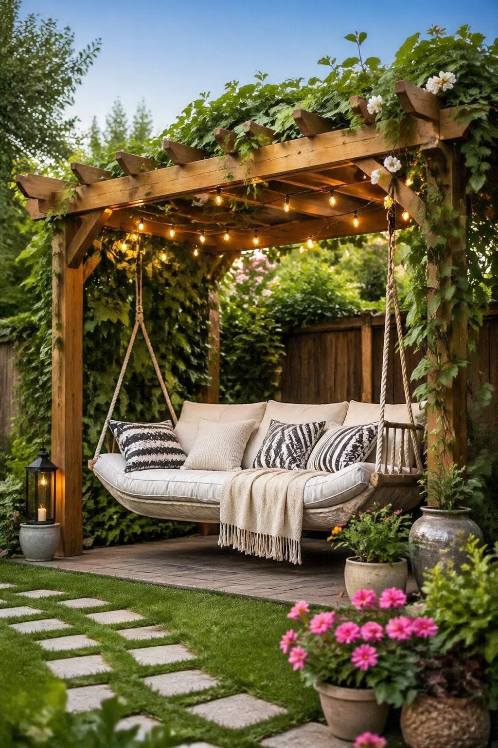 A backyard corner with a wooden pergola supporting a cushioned swing or hammock surrounded by plants and flowers.