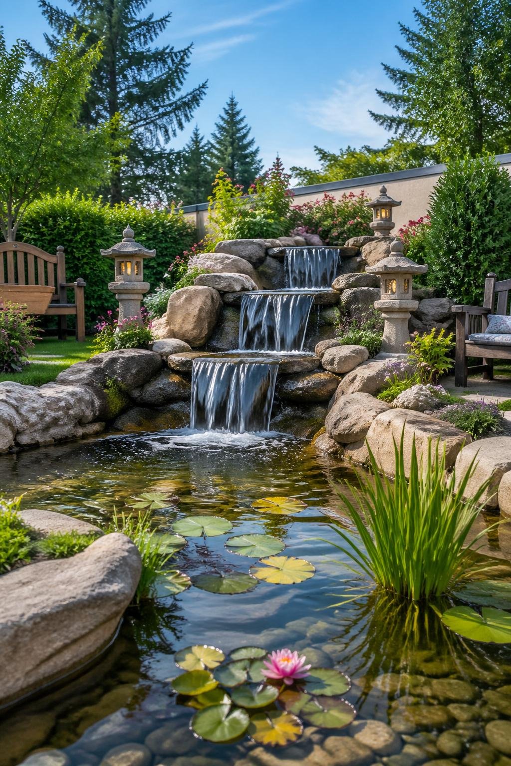 A backyard scene with a tiered stone fountain flowing into a small pond surrounded by plants and garden seating.