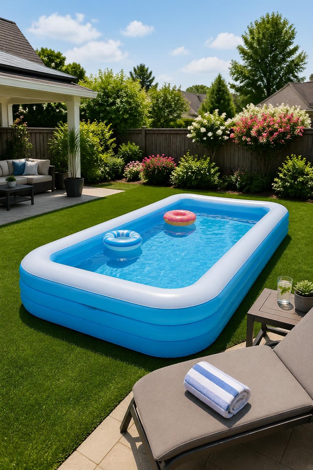A backyard with a rectangular inflatable pool filled with water, surrounded by grass, patio furniture, and plants on a sunny day.