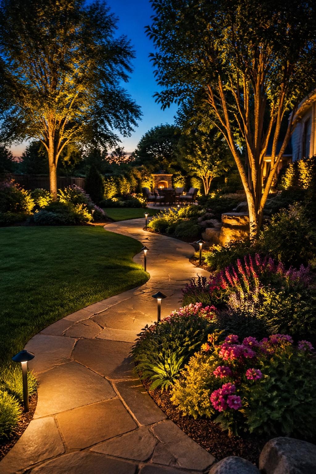 A backyard at dusk with solar path lights along a stone walkway and uplights illuminating trees and plants.