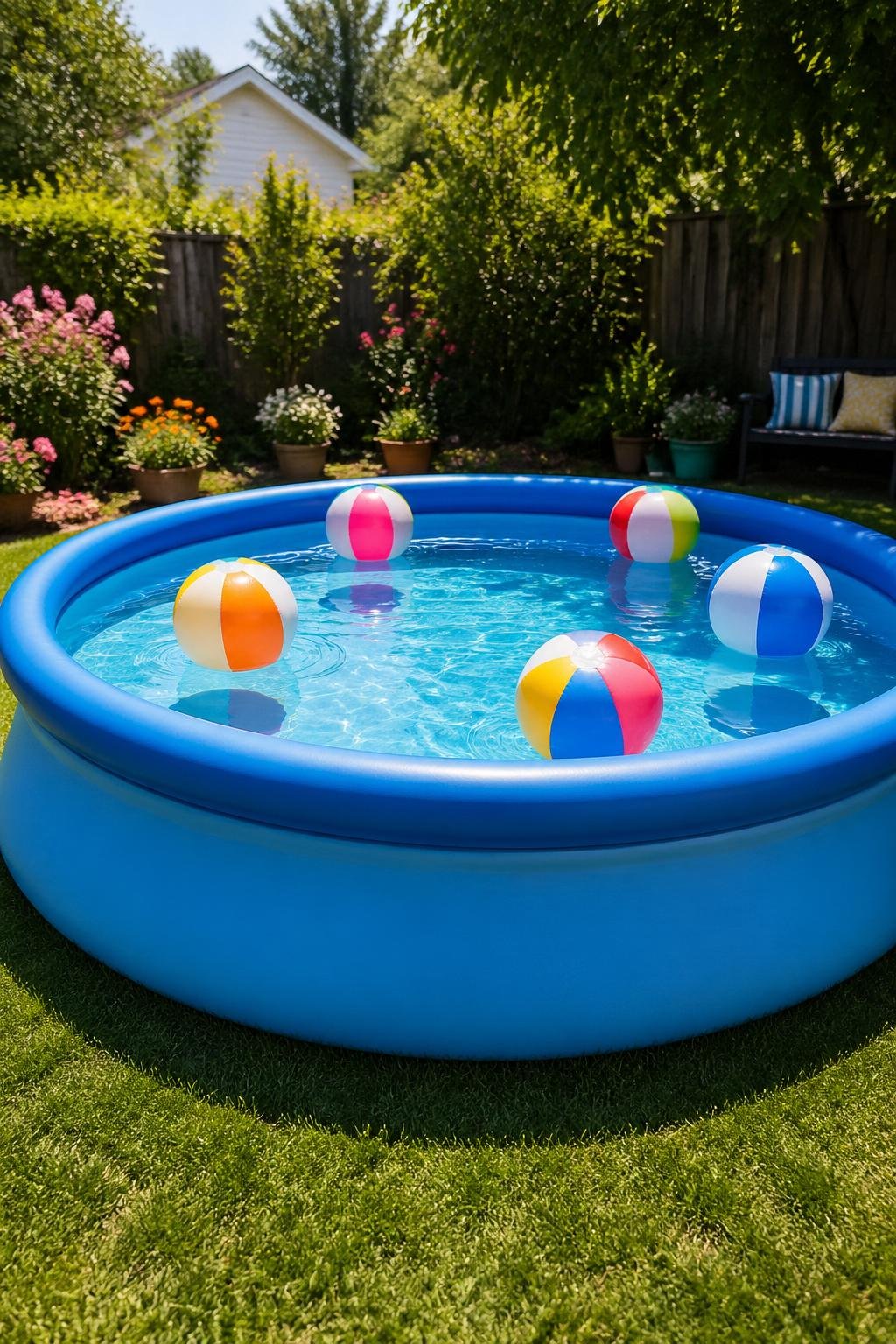 A round inflatable family pool filled with water and colorful beach balls in a sunny backyard.