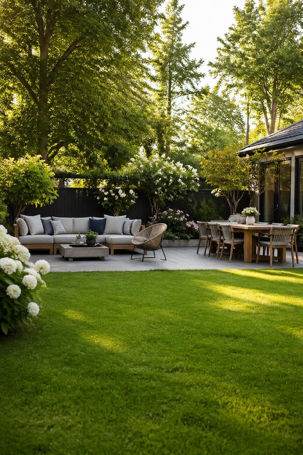 A backyard with a green lawn, outdoor lounge seating, and a dining table set surrounded by plants.