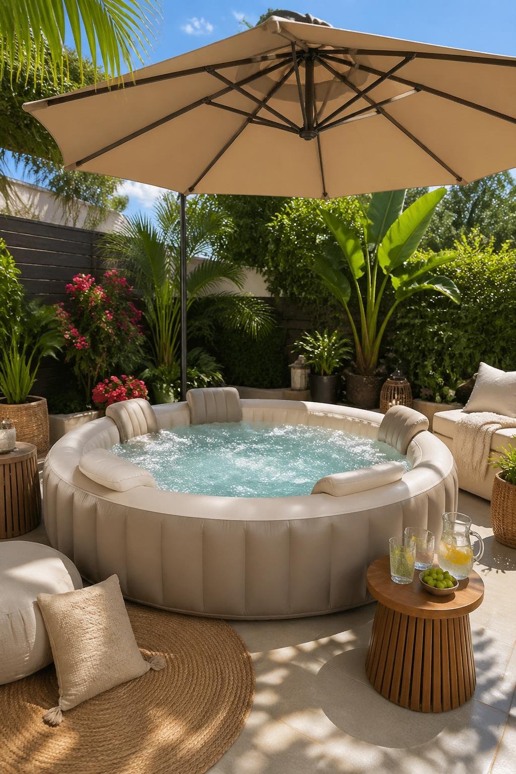 Backyard inflatable pool nook with an umbrella, surrounded by plants and outdoor seating.