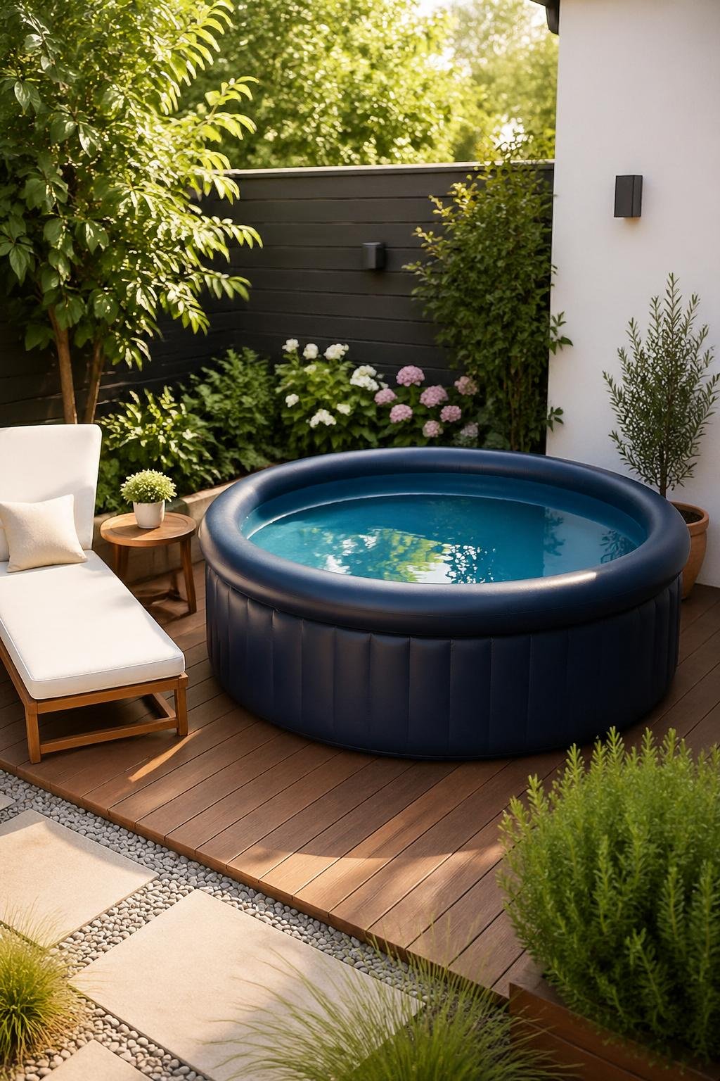 A small inflatable plunge pool on a patio surrounded by outdoor furniture and plants in a backyard.