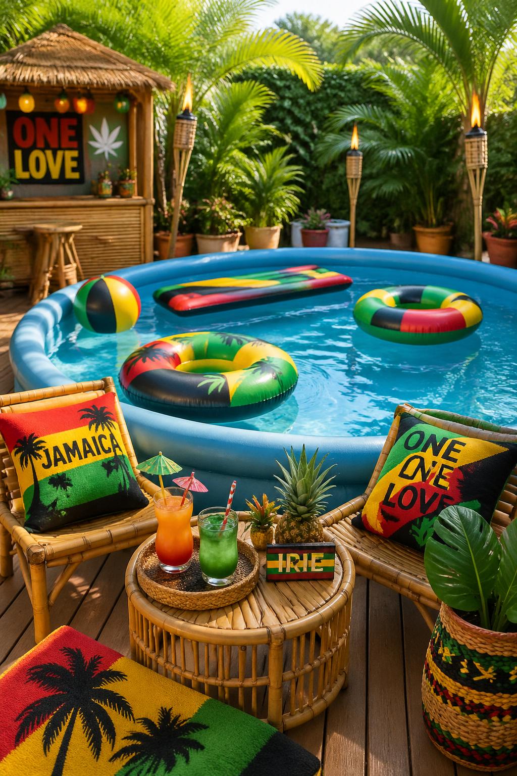 A backyard inflatable pool surrounded by tiki torches, tropical plants, and colorful reggae-themed pool floats.