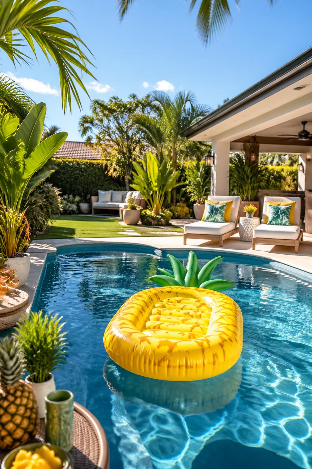 Backyard swimming pool with a large yellow pineapple inflatable float and outdoor furniture surrounded by greenery.