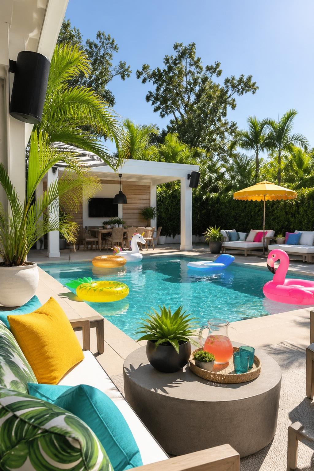 Backyard pool area with colorful inflatable pool toys, comfortable seating, greenery, and outdoor speakers.