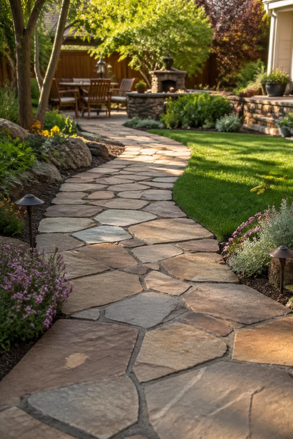 A backyard with a winding natural stone walkway surrounded by green grass, flowering plants, and garden shrubs.
