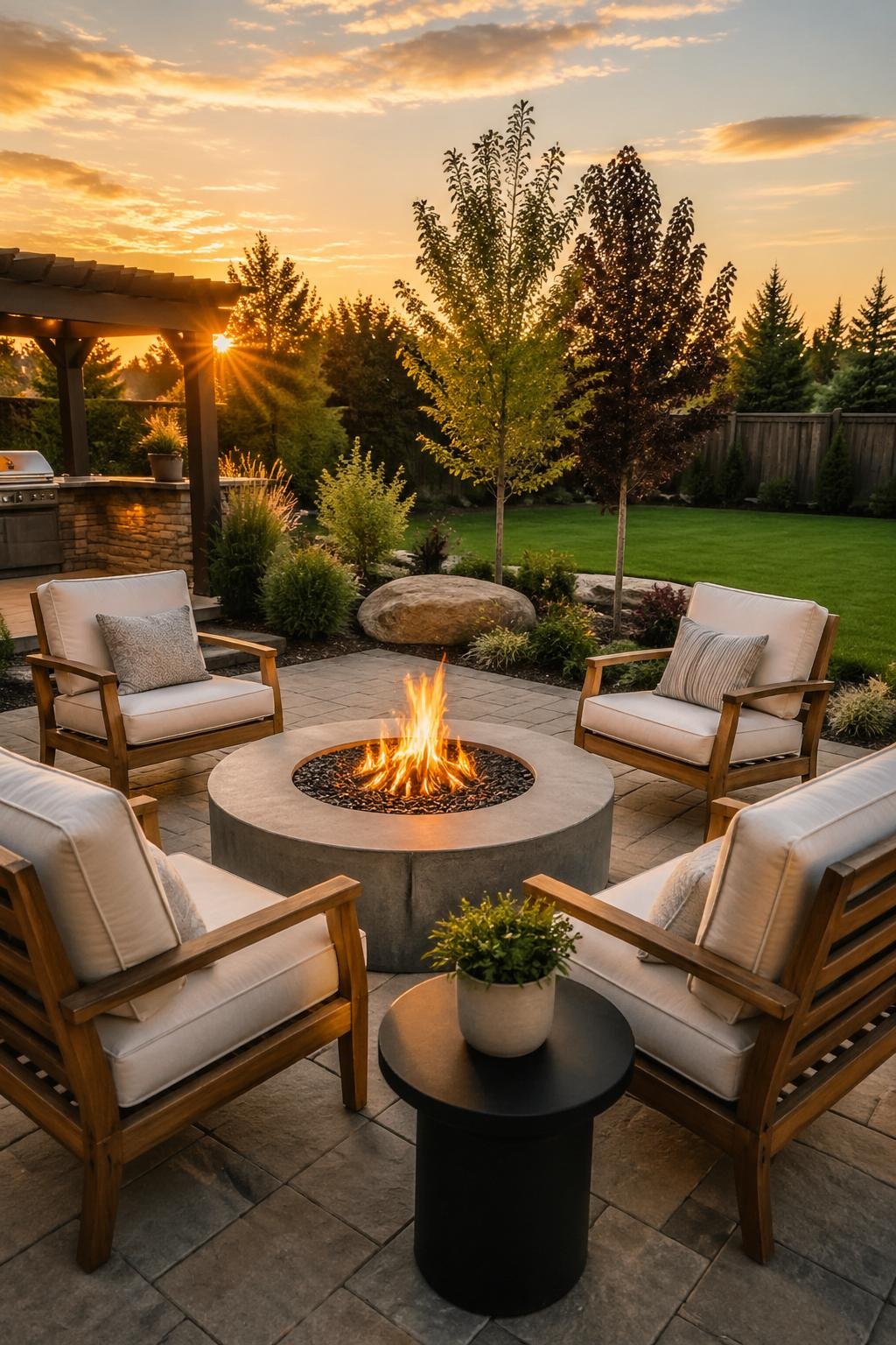 A backyard with a concrete paver patio and a fire pit surrounded by outdoor seating and greenery.
