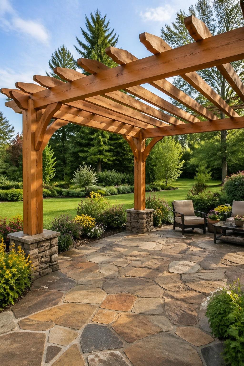 A cedar pergola over a stone patio surrounded by plants and trees in a backyard.