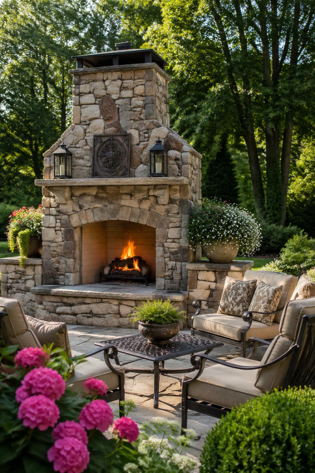 Outdoor stone fireplace in a backyard patio surrounded by seating and greenery.