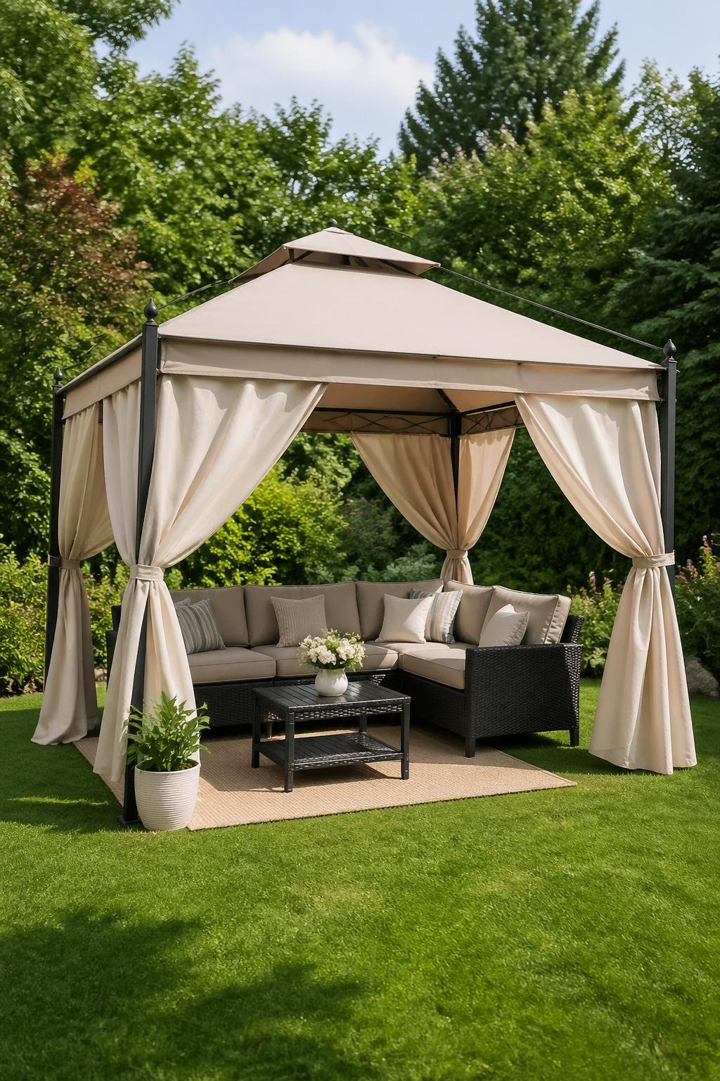A backyard with a freestanding canopy tent cabana featuring outdoor drapes and seating underneath surrounded by grass and plants.