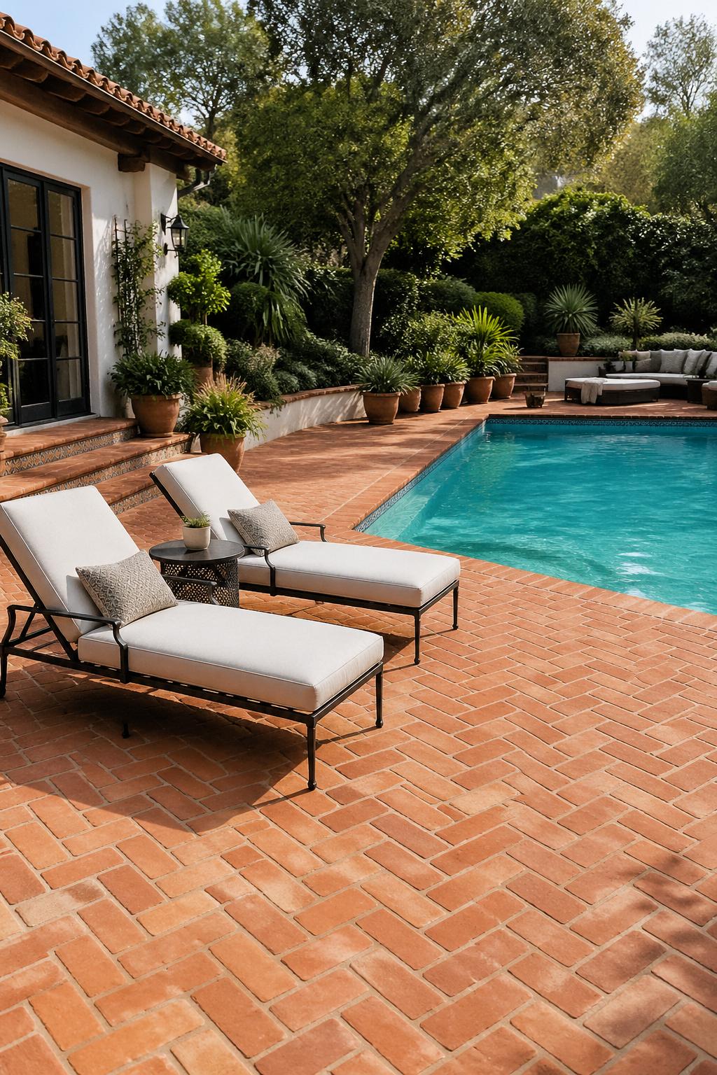 Backyard with a terracotta brick patio next to a swimming pool, surrounded by green plants and outdoor furniture.