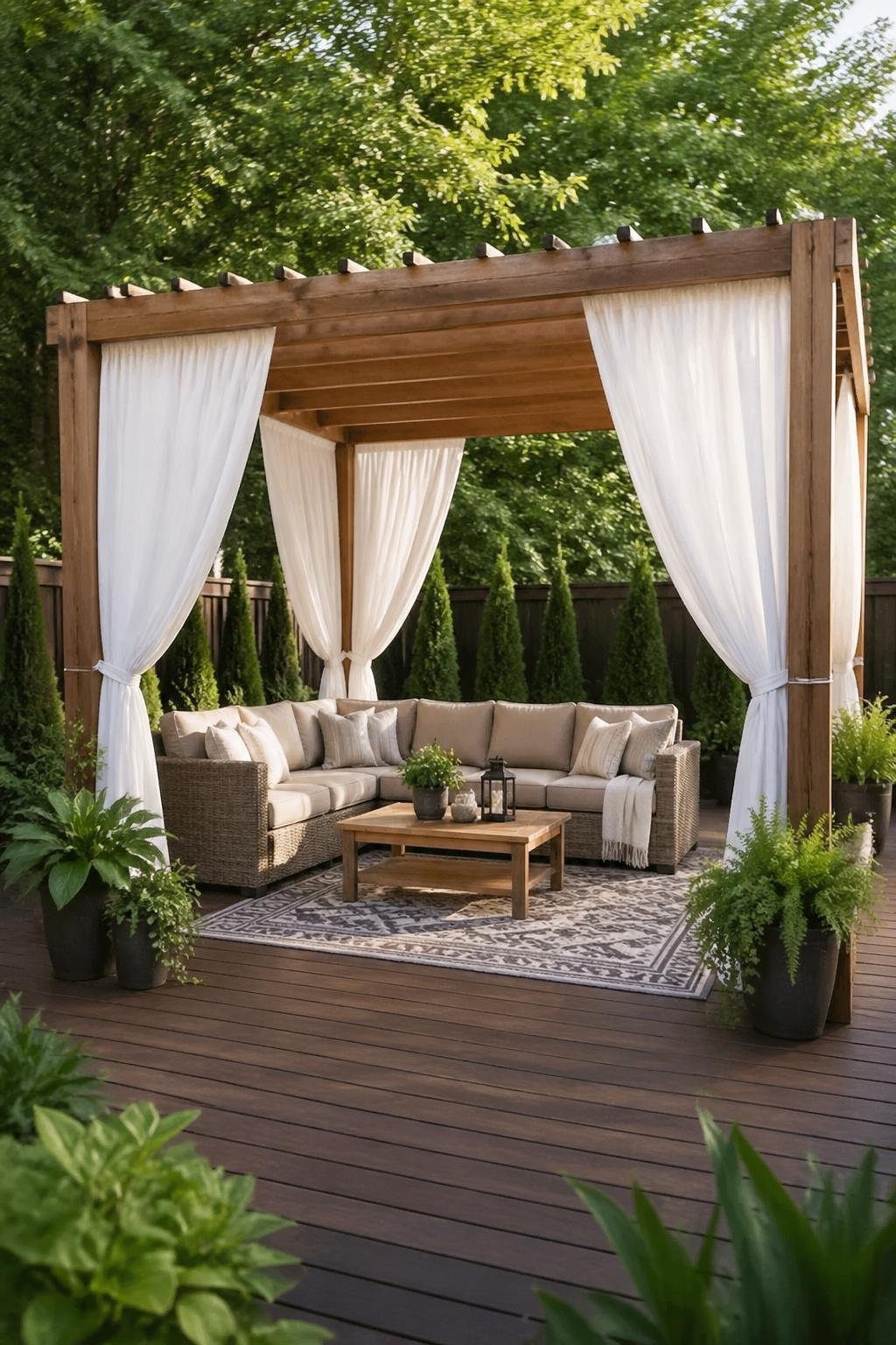 Backyard pergola cabana with white curtains, outdoor rug, and surrounding greenery.